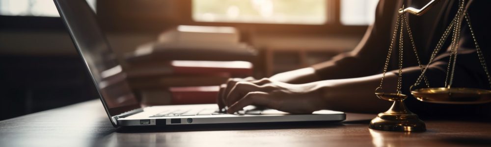 One woman typing on laptop in office generated by artificial intelligence